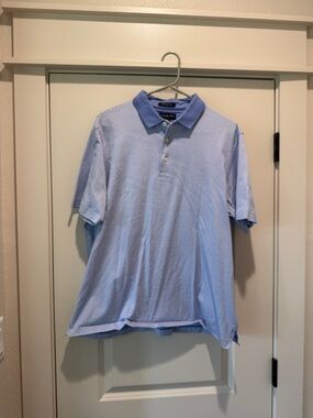 Lands' End Men's Light Blue Micro-Striped Polo with Blue Collar